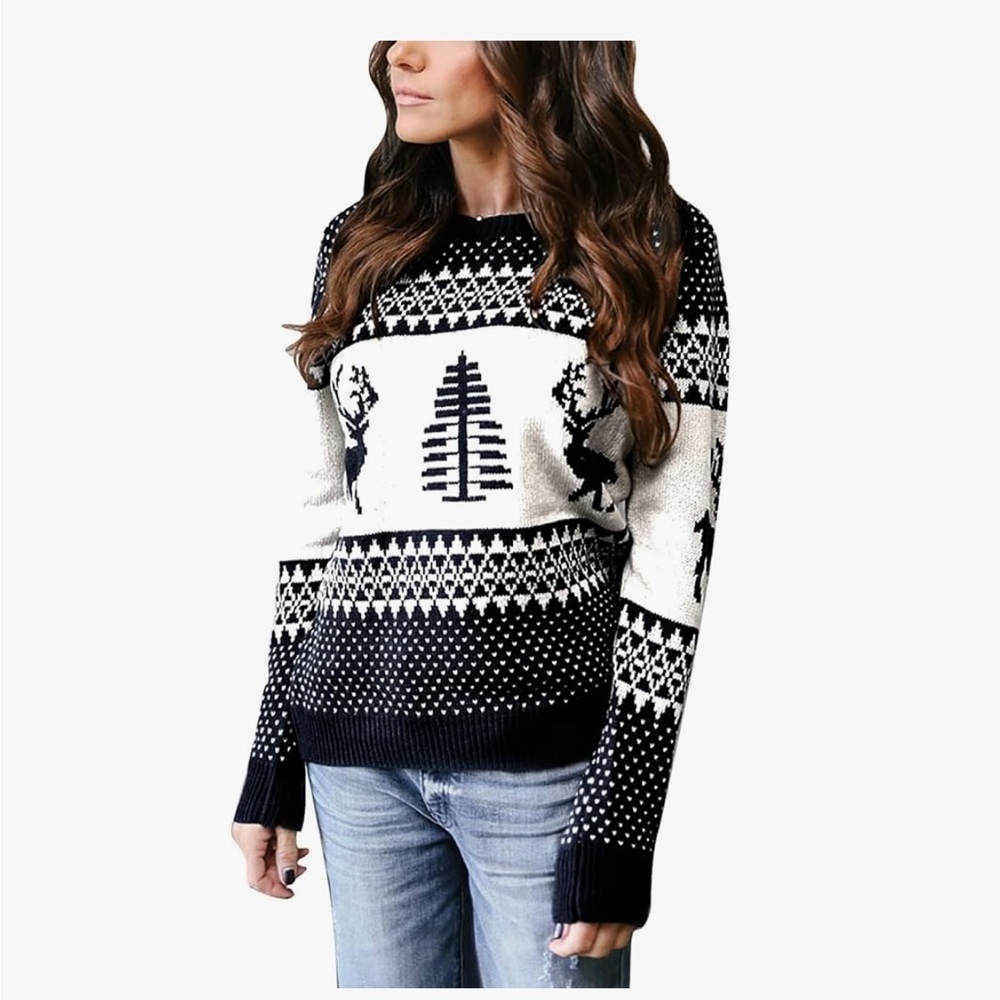 Exlura Patterns Reindeer Ugly Christmas Sweater Pullover new
